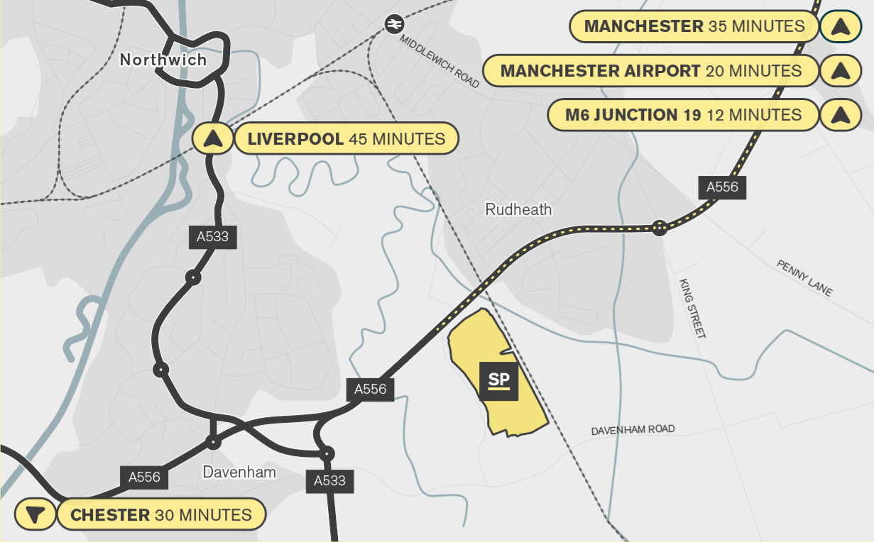 Route map showing drive times to Stoford Park Northwich